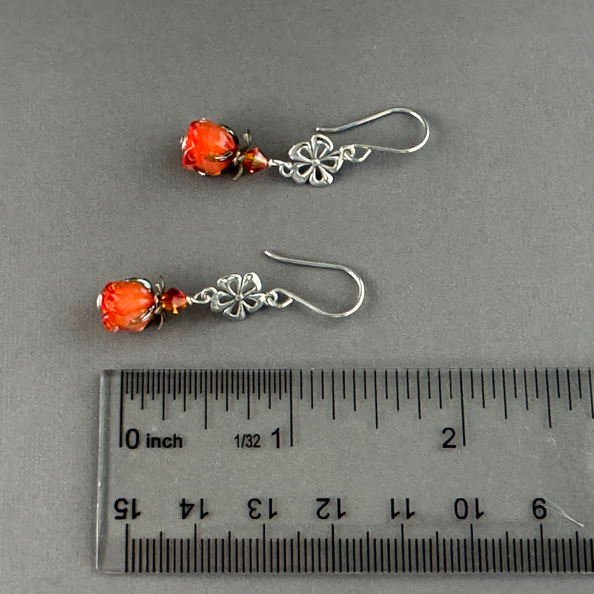Small Handmade Orange Rosebud Earrings in Sterling Silver