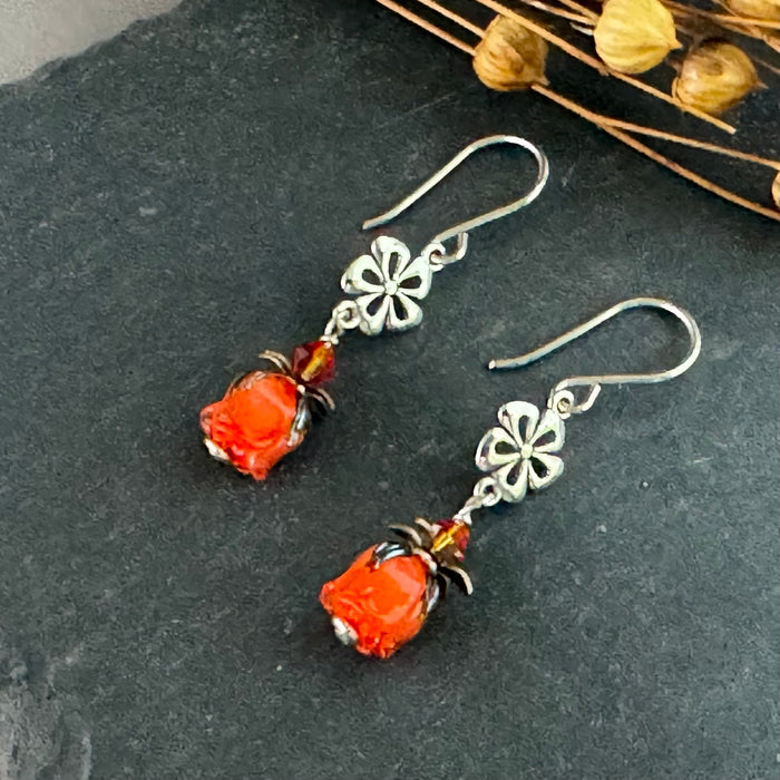 Small Handmade Orange Rosebud Earrings in Sterling Silver