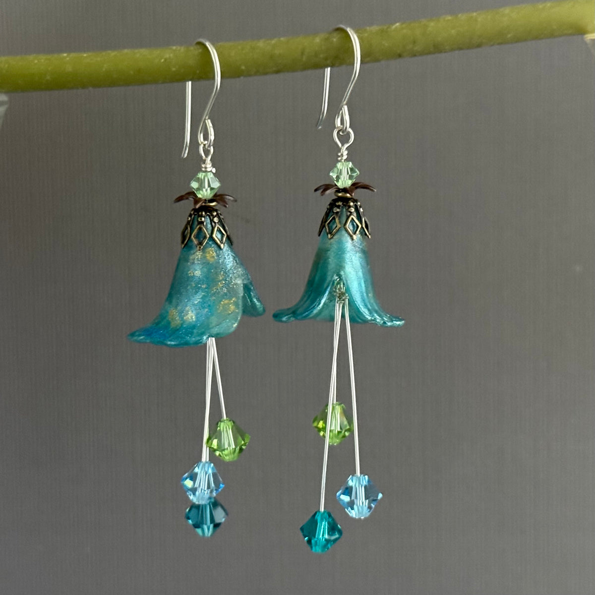 Hand Painted Teal Lucite Cone Flower Earrings in Sterling Silver