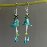 Hand Painted Teal Lucite Cone Flower Earrings in Sterling Silver