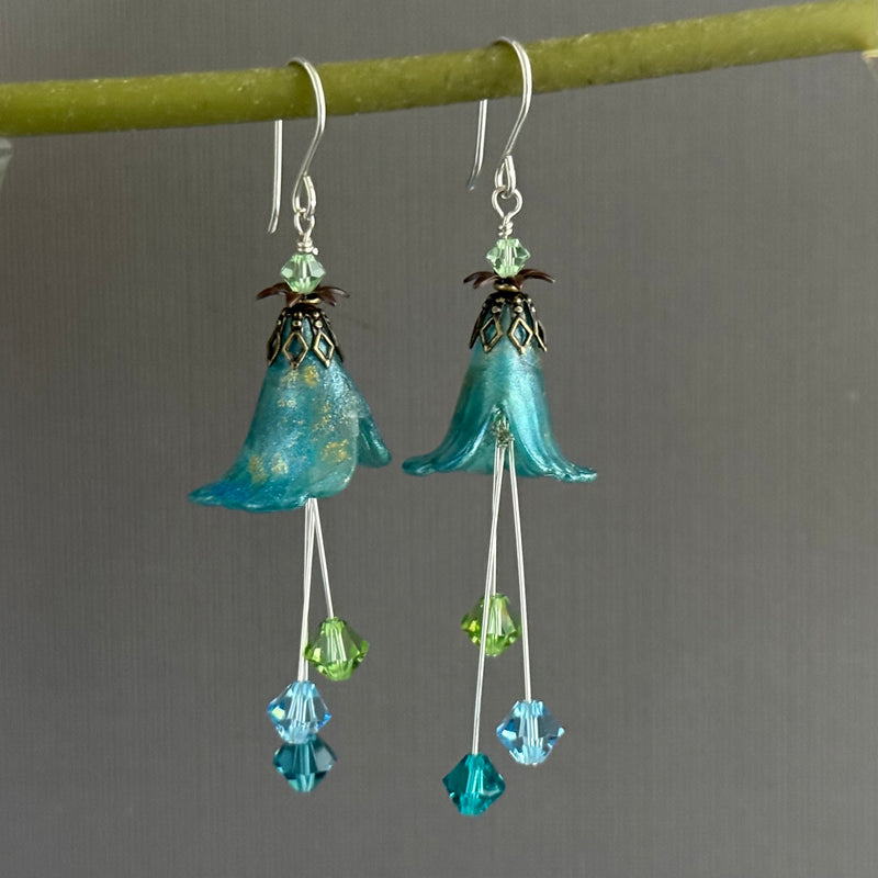 Hand Painted Teal Lucite Cone Flower Earrings in Sterling Silver