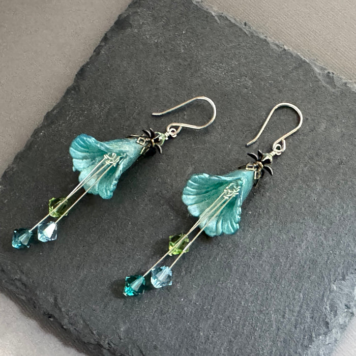 Hand Painted Teal Lucite Cone Flower Earrings in Sterling Silver