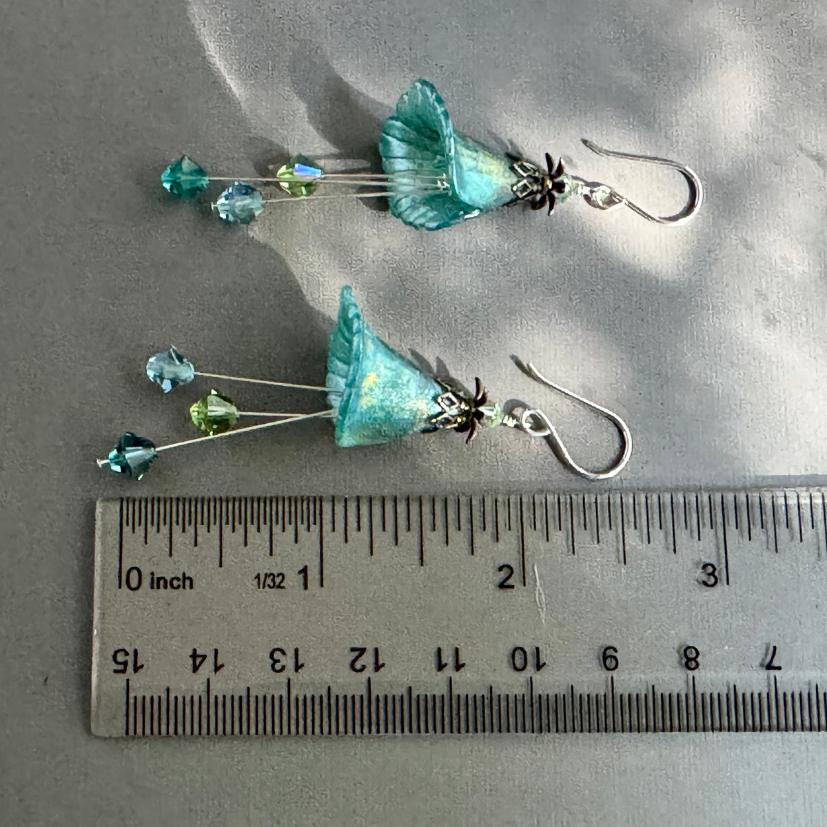 Hand Painted Teal Lucite Cone Flower Earrings in Sterling Silver