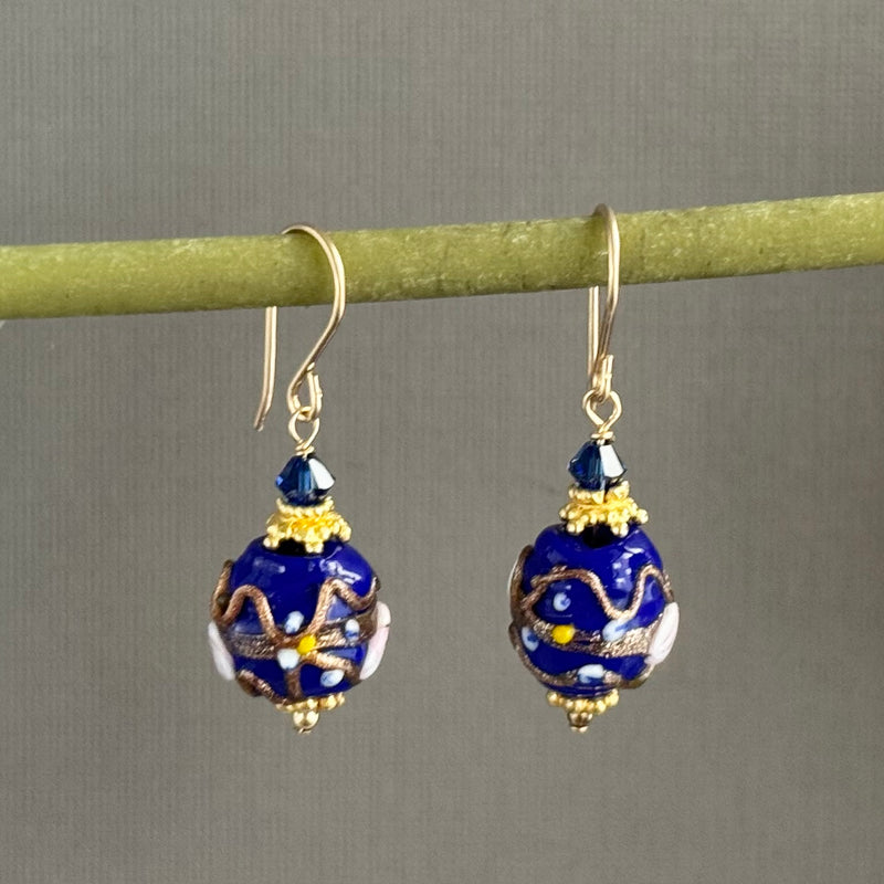 Large Dark Blue Vintage Venetian Wedding Cake Earrings in 14K Gold Fill