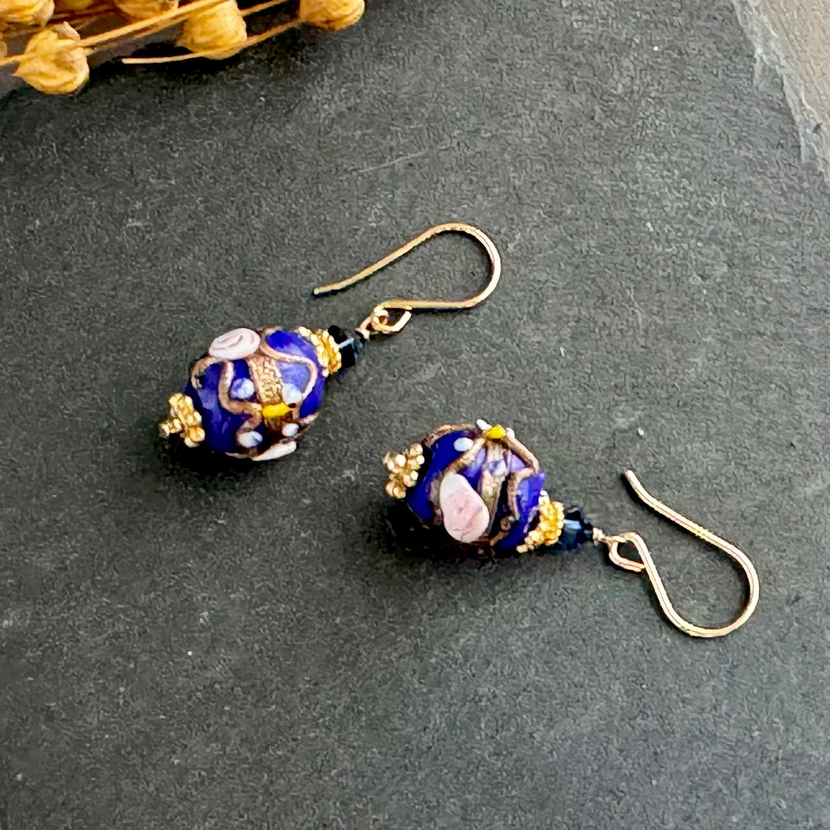 Large Dark Blue Vintage Venetian Wedding Cake Earrings in 14K Gold Fill