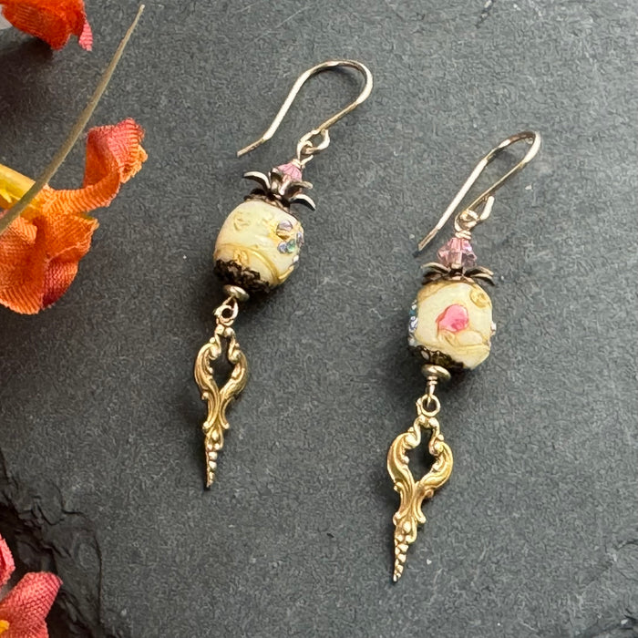 Ivory Vintage Venetian Wedding Cake Earrings in 14K Gold Fill