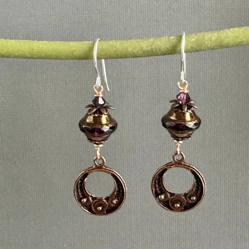 Czech Glass Purple Saturn Earrings and Copper Moroccan Components in Sterling Silver