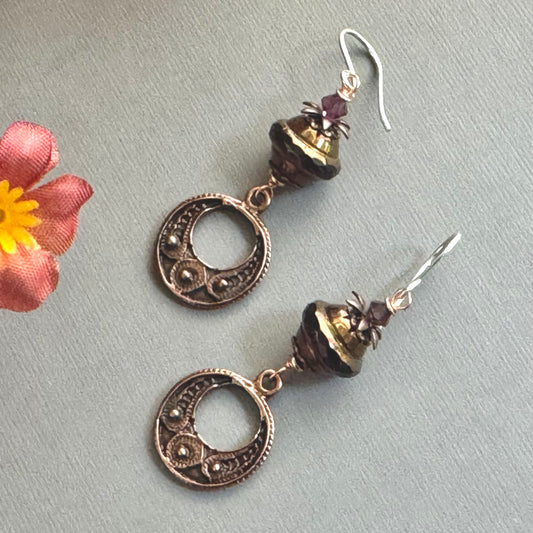 Czech Glass Purple Saturn Earrings and Copper Moroccan Components in Sterling Silver