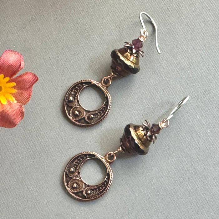 Czech Glass Purple Saturn Earrings and Copper Moroccan Components in Sterling Silver