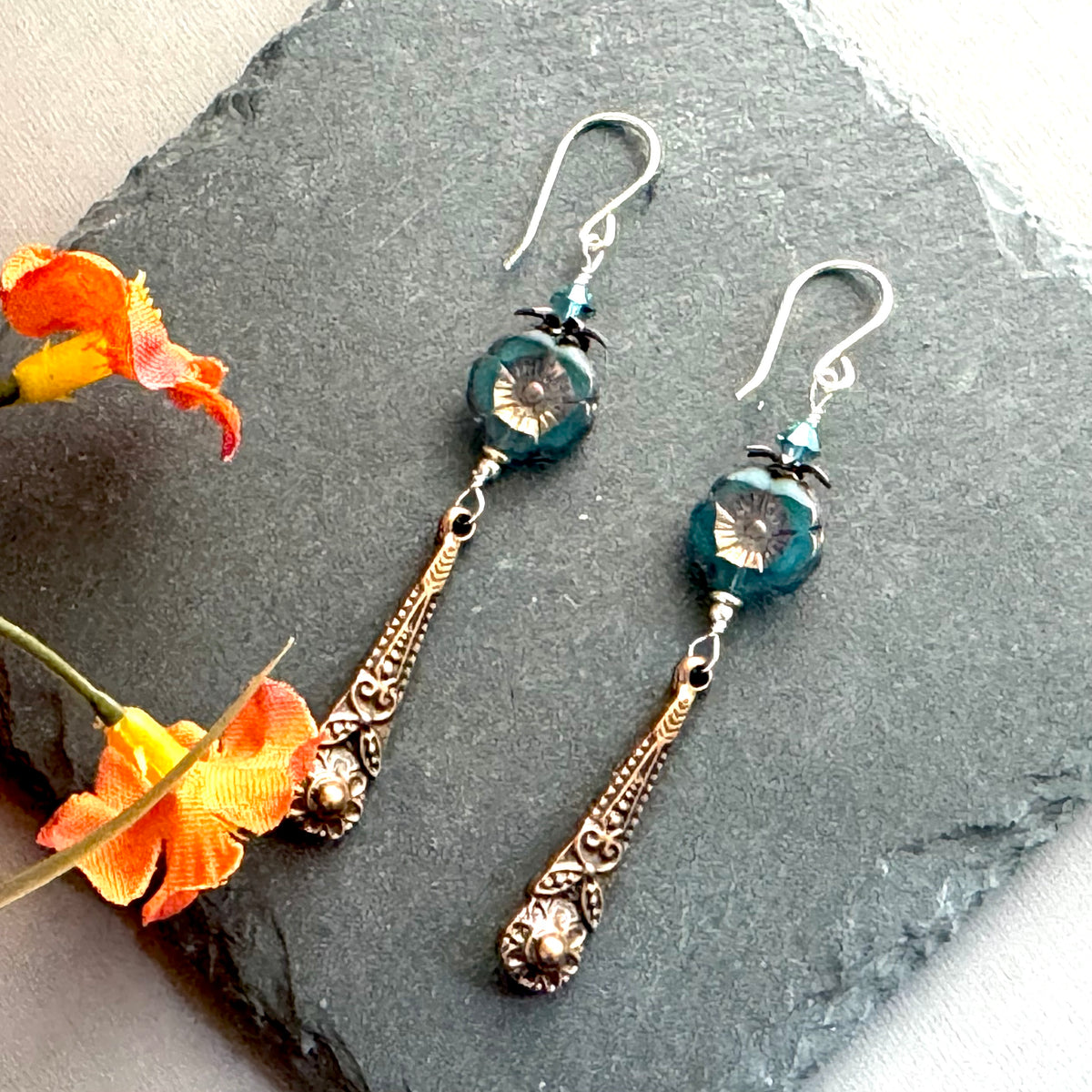 Czech Glass Turquoise Hibiscus Flower Earrings in Sterling Silver