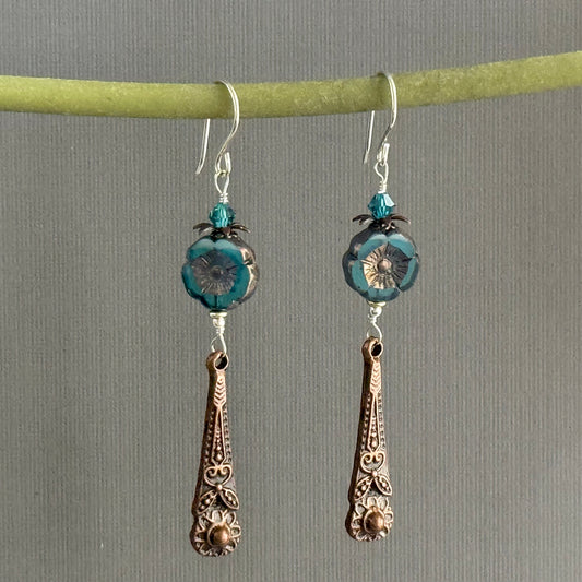 Czech Glass Turquoise Hibiscus Flower Earrings in Sterling Silver