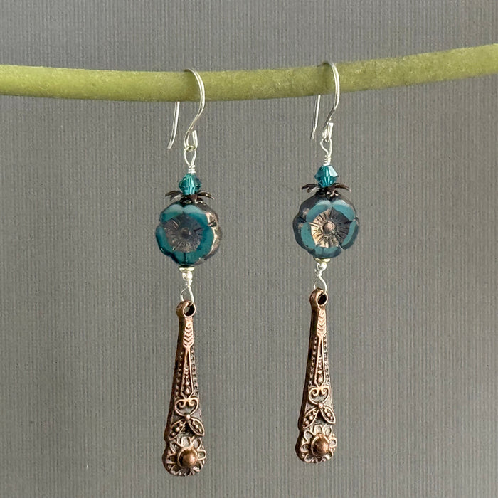 Czech Glass Turquoise Hibiscus Flower Earrings in Sterling Silver