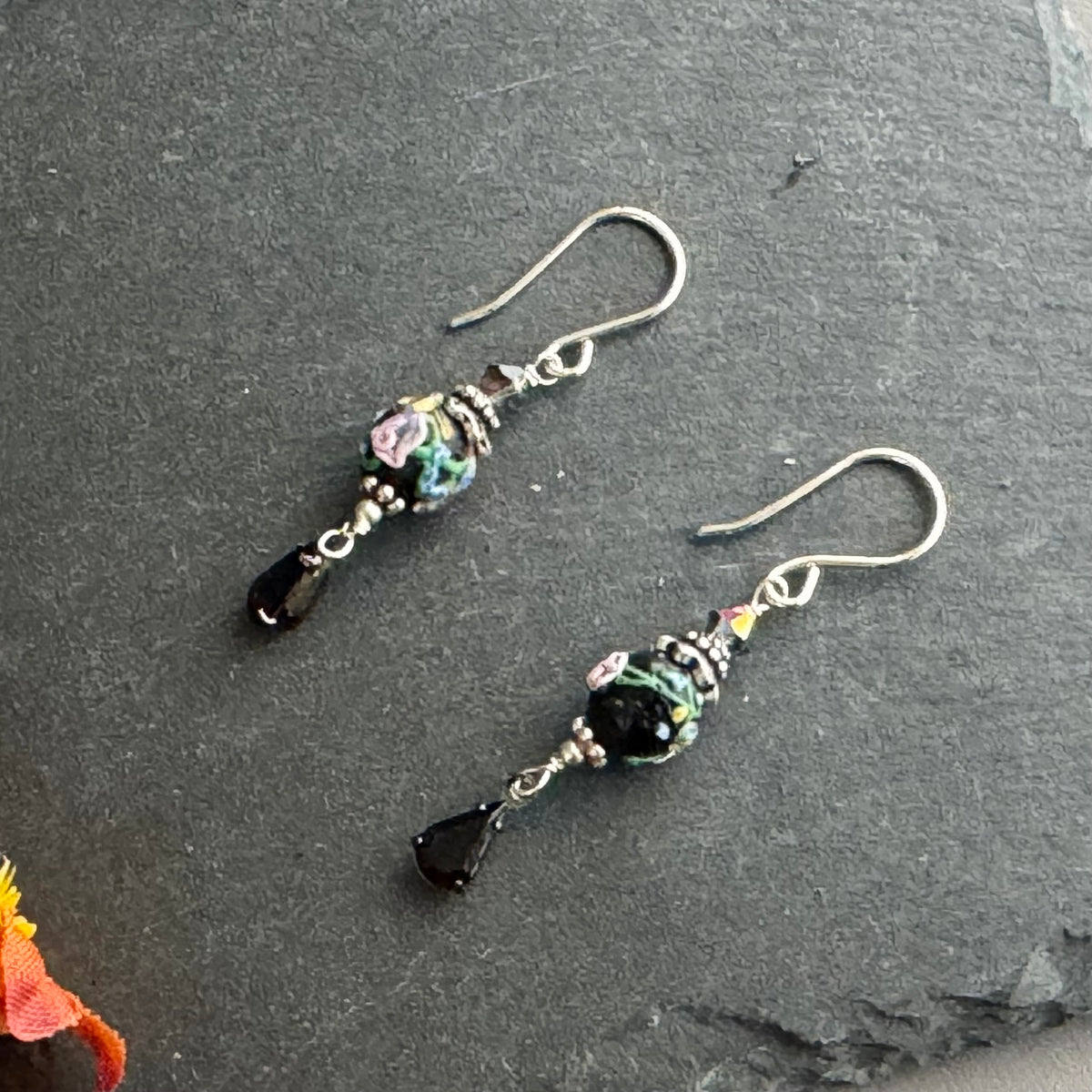 Vintage Black Venetian Wedding Cake Earrings in Sterling Silver