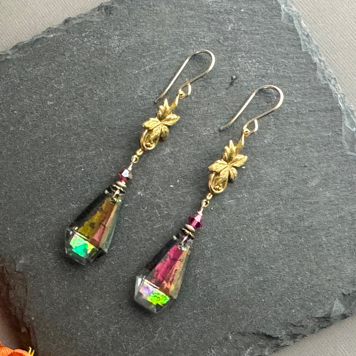 Vintage Vitrail AB Czech Crystal Drop Earrings in 14K Gold Fill