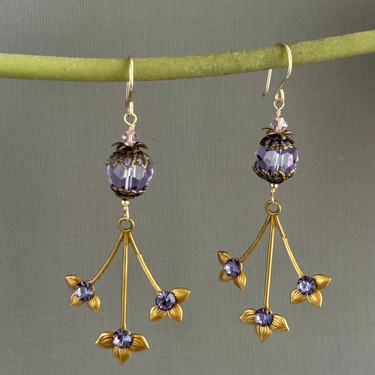 Vintage Purple Swarovski Crystal Earrings with Brass Flower Drops in 14K Gold Fill
