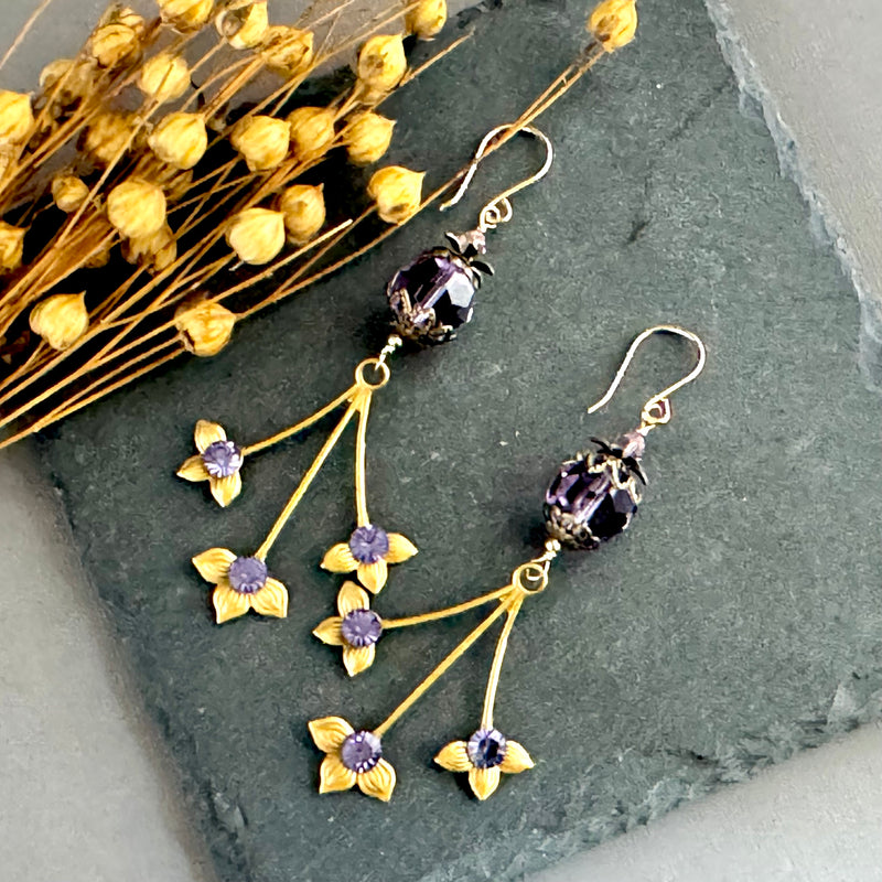 Vintage Purple Swarovski Crystal Earrings with Brass Flower Drops in 14K Gold Fill