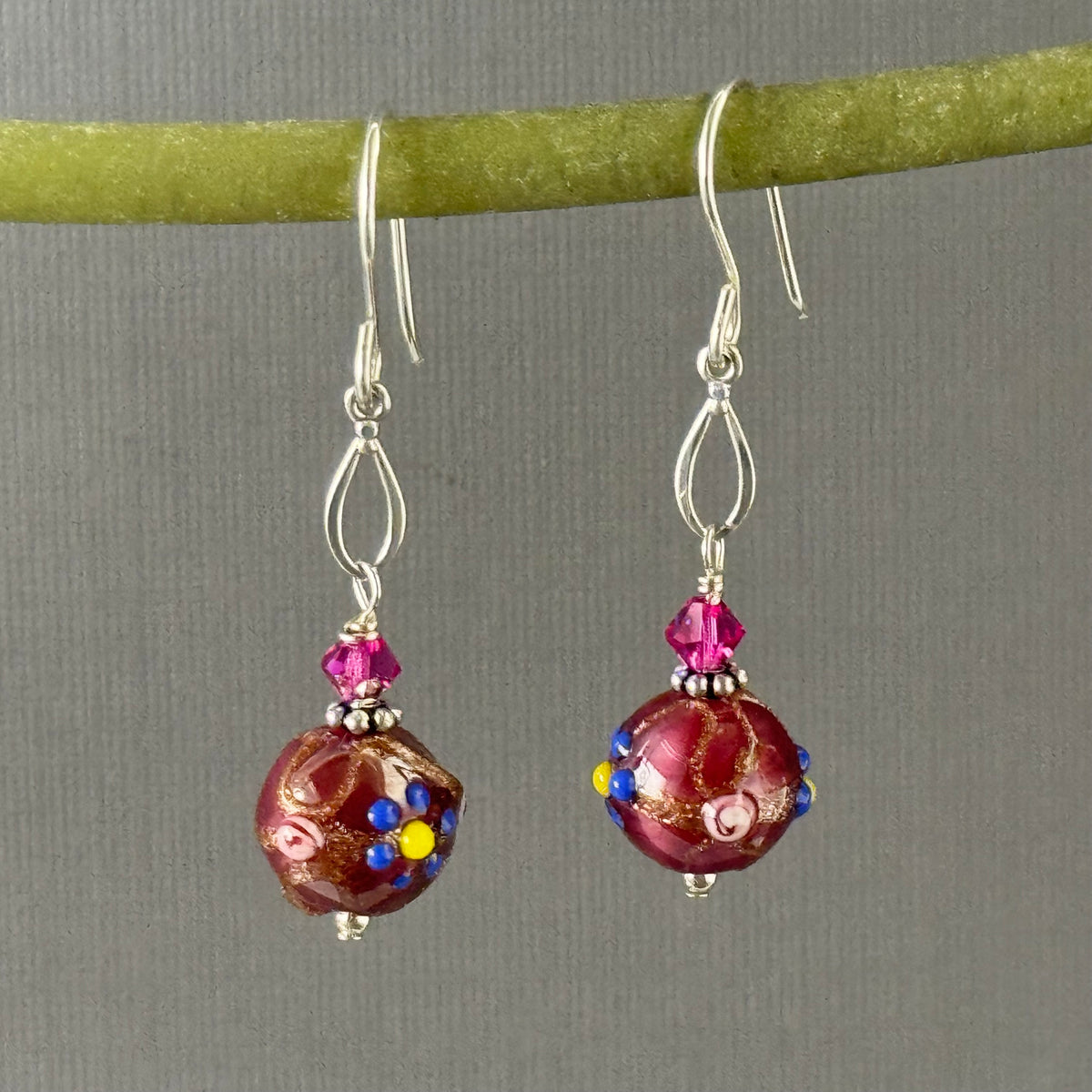 Dark Pink Wedding Cake Round Bead Earrings in Sterling Silver