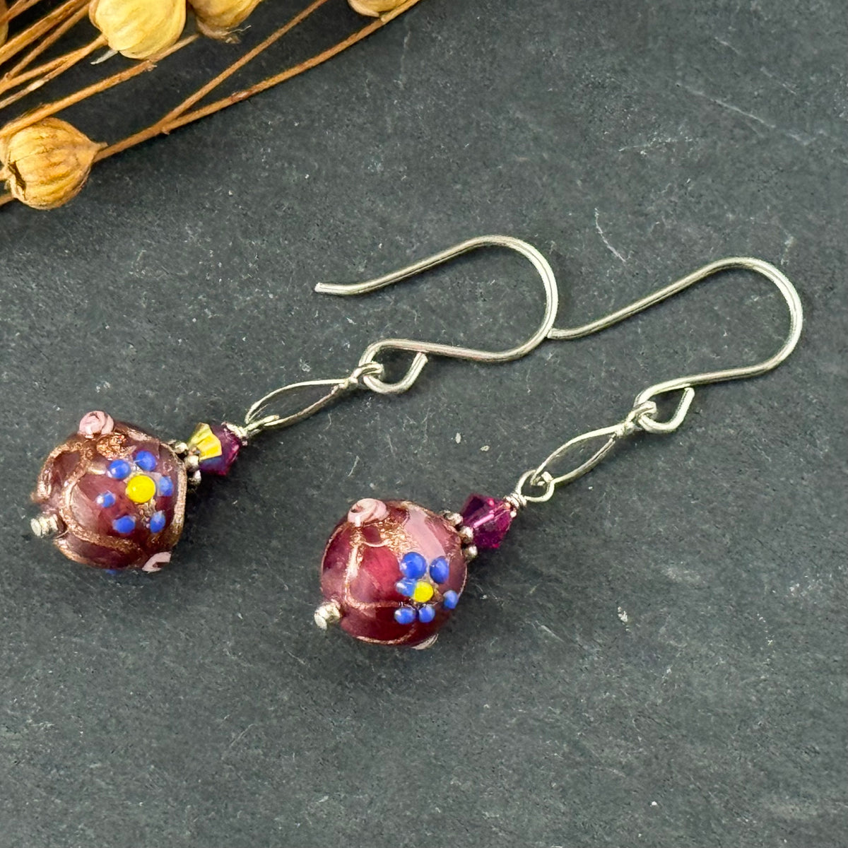 Dark Pink Wedding Cake Round Bead Earrings in Sterling Silver