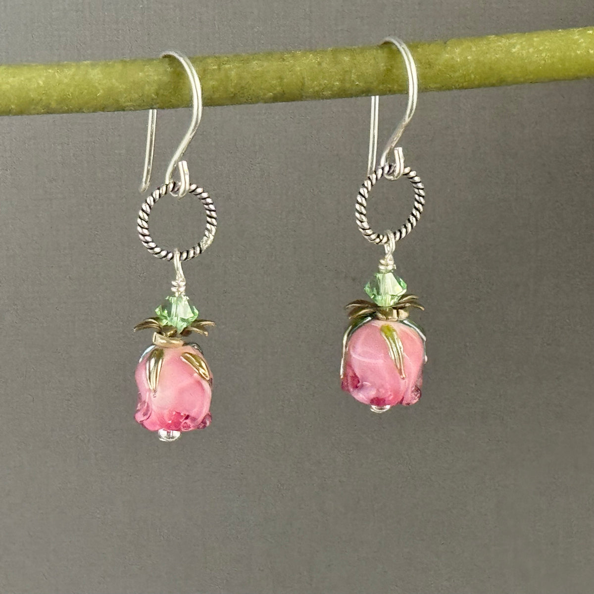Handmade Pink Rosebud Dangle Lampwork Earrings in Sterling Silver