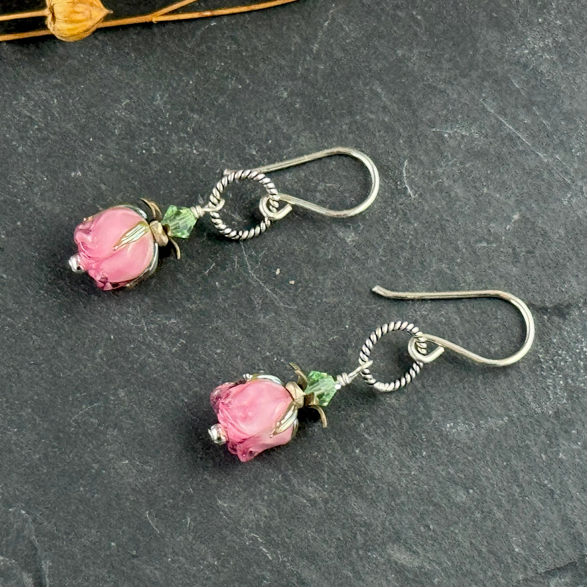 Handmade Pink Rosebud Dangle Lampwork Earrings in Sterling Silver