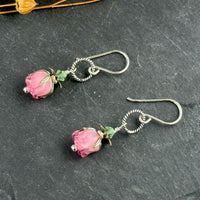 Handmade Pink Rosebud Dangle Lampwork Earrings in Sterling Silver