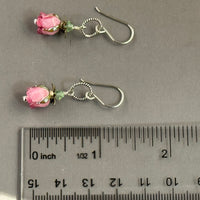 Handmade Pink Rosebud Dangle Lampwork Earrings in Sterling Silver