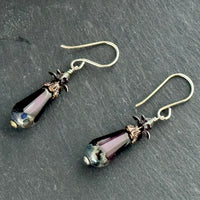 Victorian Purple Czech Glass Drop Earrings in Sterling Silver