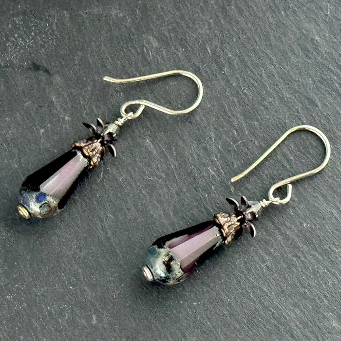 Victorian Purple Czech Glass Drop Earrings in Sterling Silver