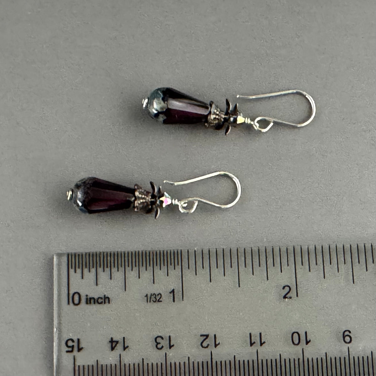 Victorian Purple Czech Glass Drop Earrings in Sterling Silver