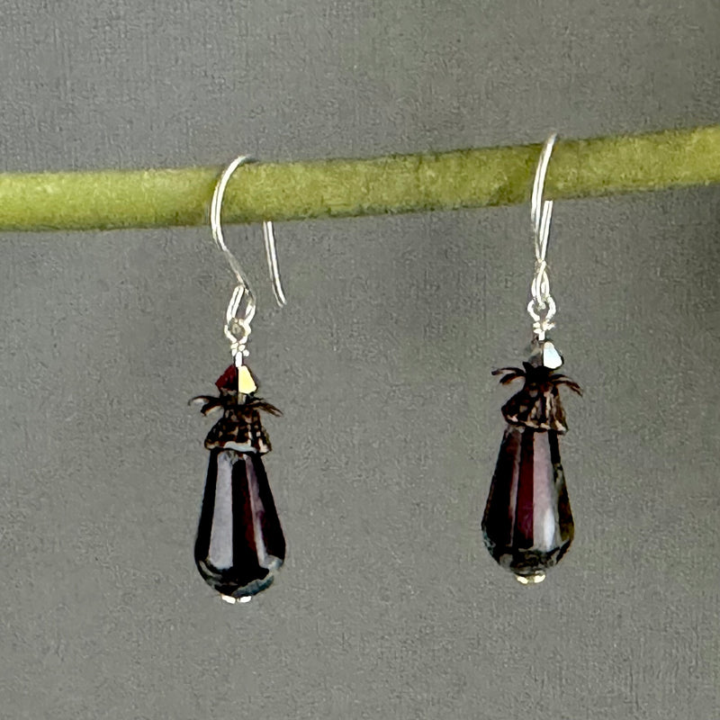Victorian Purple Czech Glass Drop Earrings in Sterling Silver