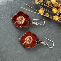 Large Czech Glass Red Orange Hawaiian Flower Earrings in Sterling Silver