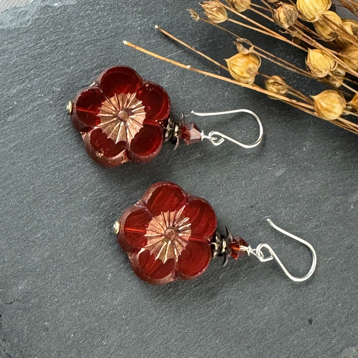 Large Czech Glass Red Orange Hawaiian Flower Earrings in Sterling Silver