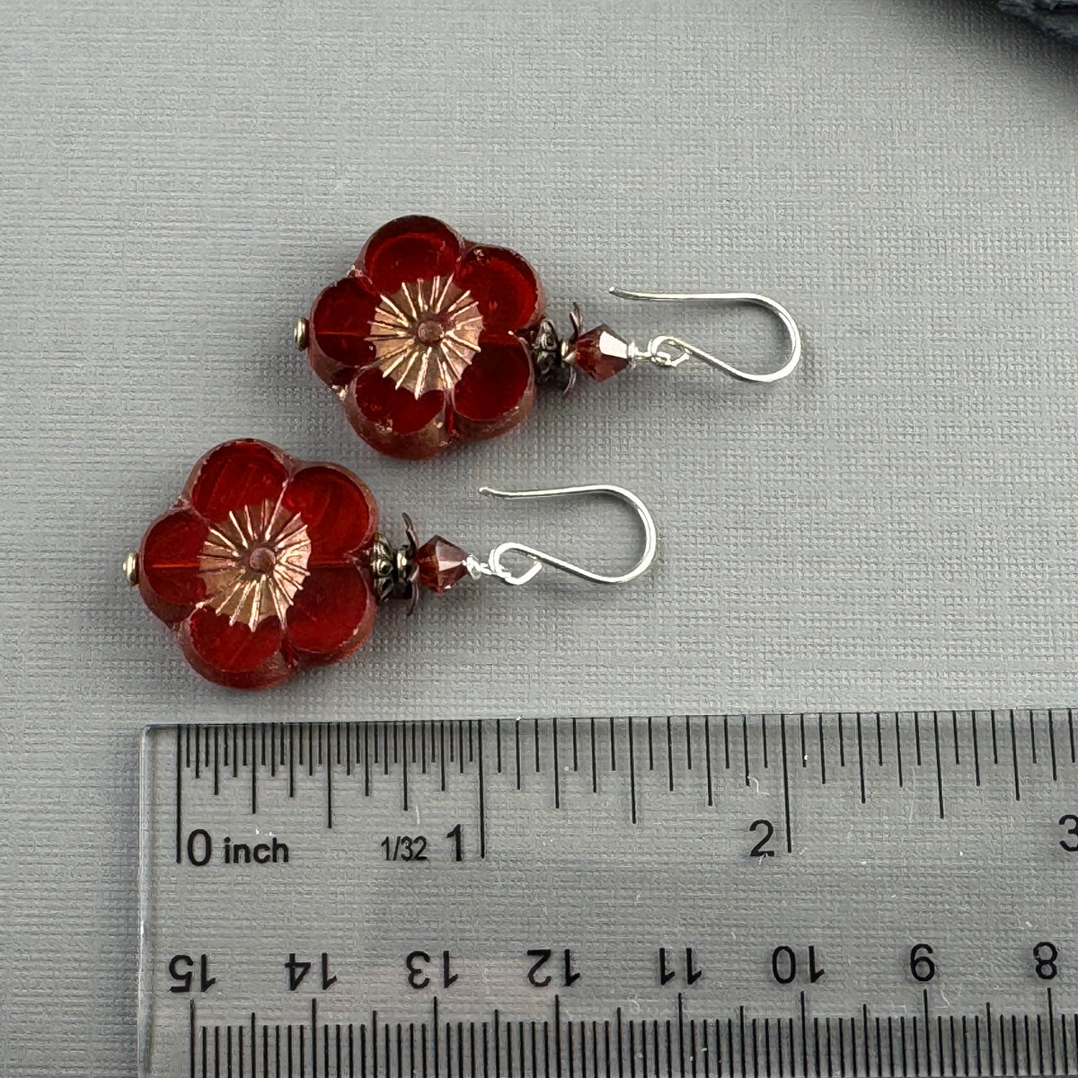 Large Czech Glass Red Orange Hawaiian Flower Earrings in Sterling Silver