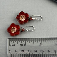 Large Czech Glass Red Orange Hawaiian Flower Earrings in Sterling Silver