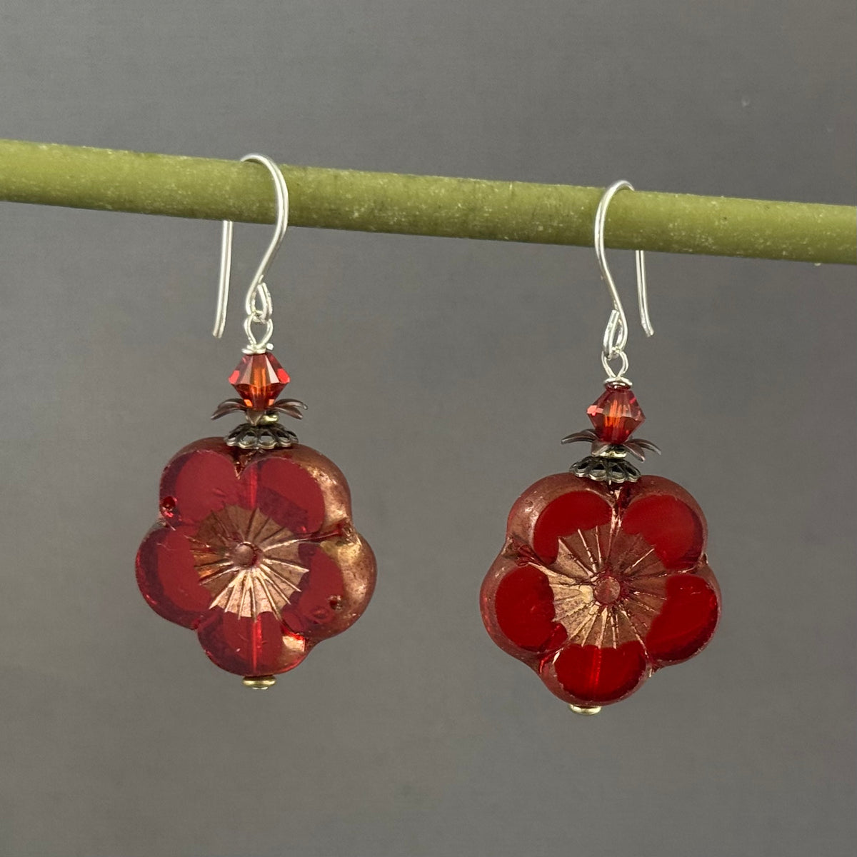 Large Czech Glass Red Orange Hawaiian Flower Earrings in Sterling Silver