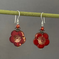Large Czech Glass Red Orange Hawaiian Flower Earrings in Sterling Silver