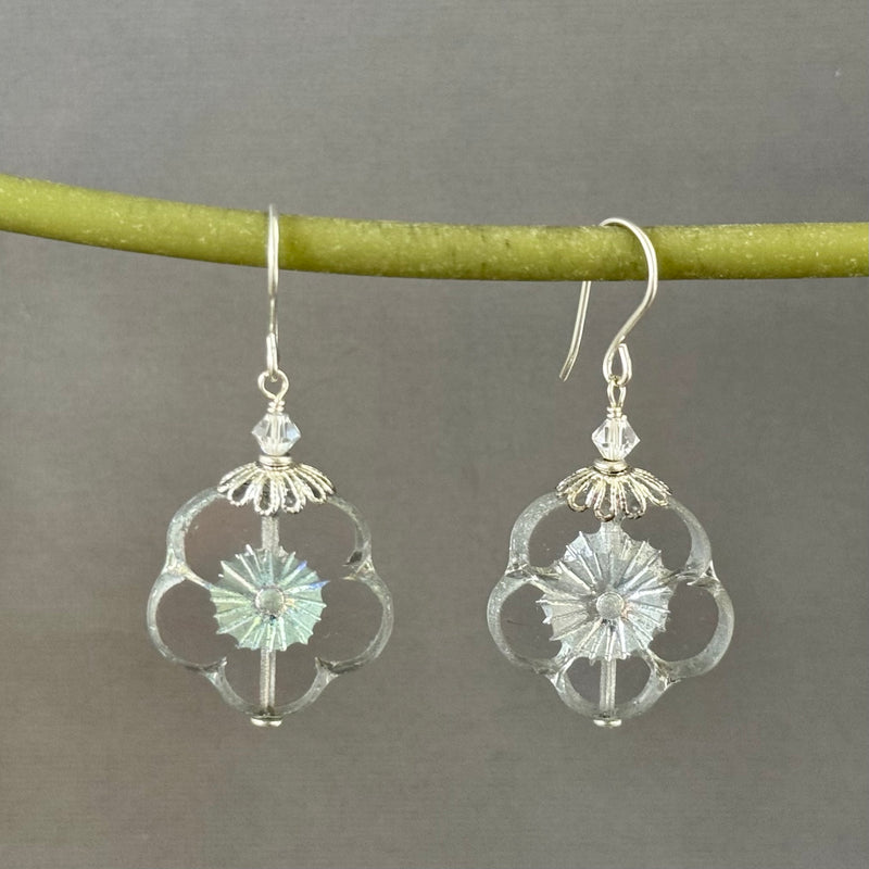 Large Czech Glass Silver Hawaiian Flower Earrings in Sterling Silver