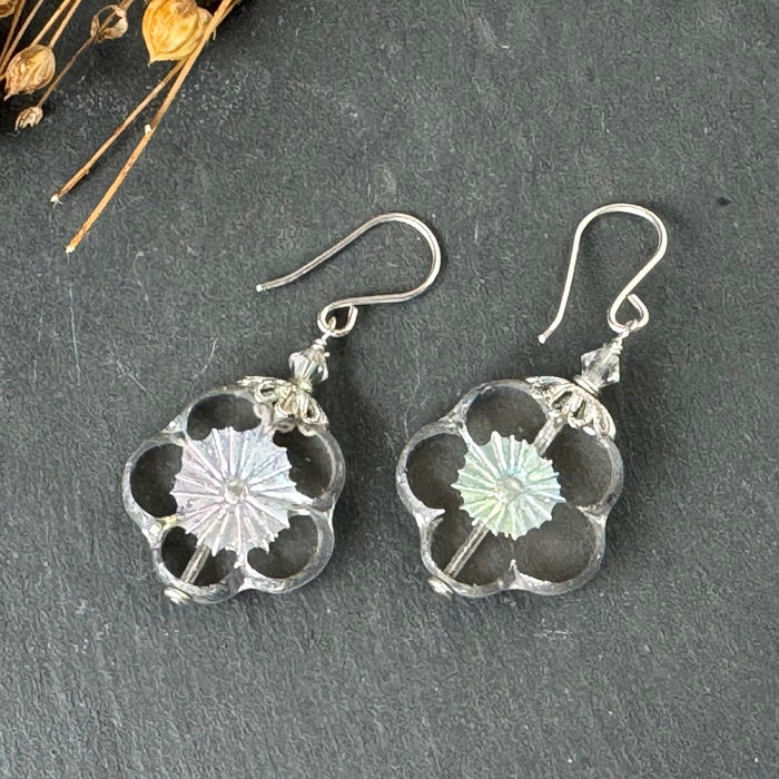 Large Czech Glass Silver Hawaiian Flower Earrings in Sterling Silver