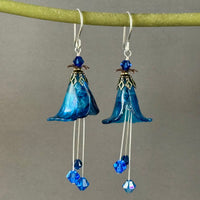 Hand Painted Indigo Lucite Cone Flower Earrings in Sterling Silver