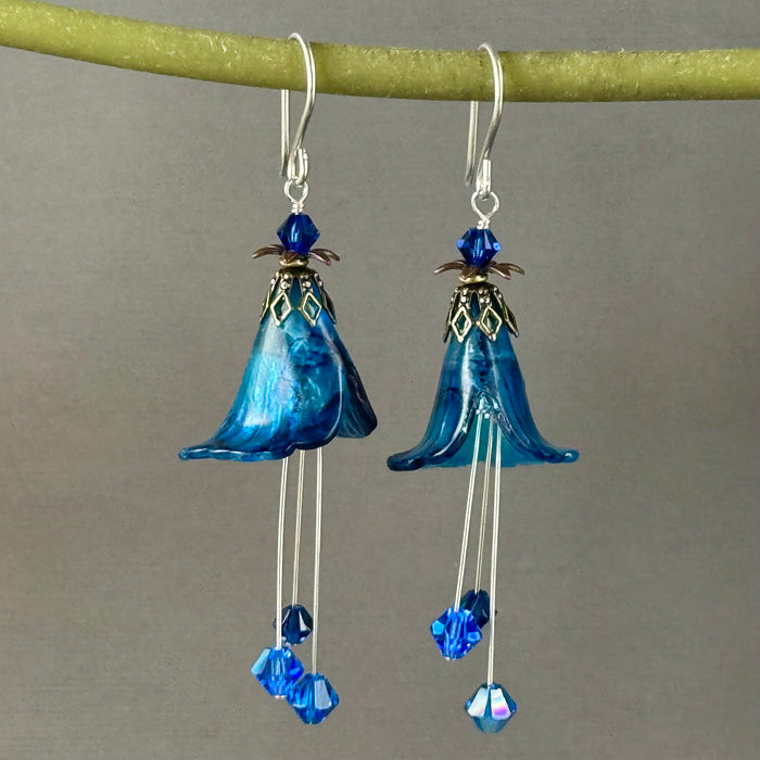 Hand Painted Indigo Lucite Cone Flower Earrings in Sterling Silver