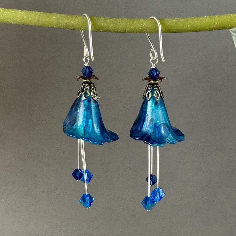 Hand Painted Indigo Lucite Cone Flower Earrings in Sterling Silver