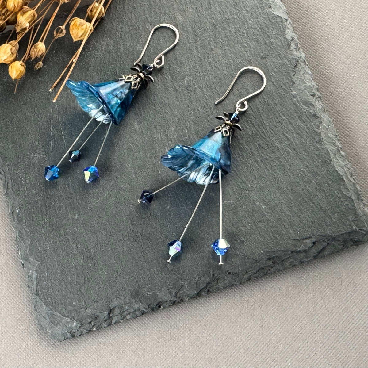 Hand Painted Indigo Lucite Cone Flower Earrings in Sterling Silver
