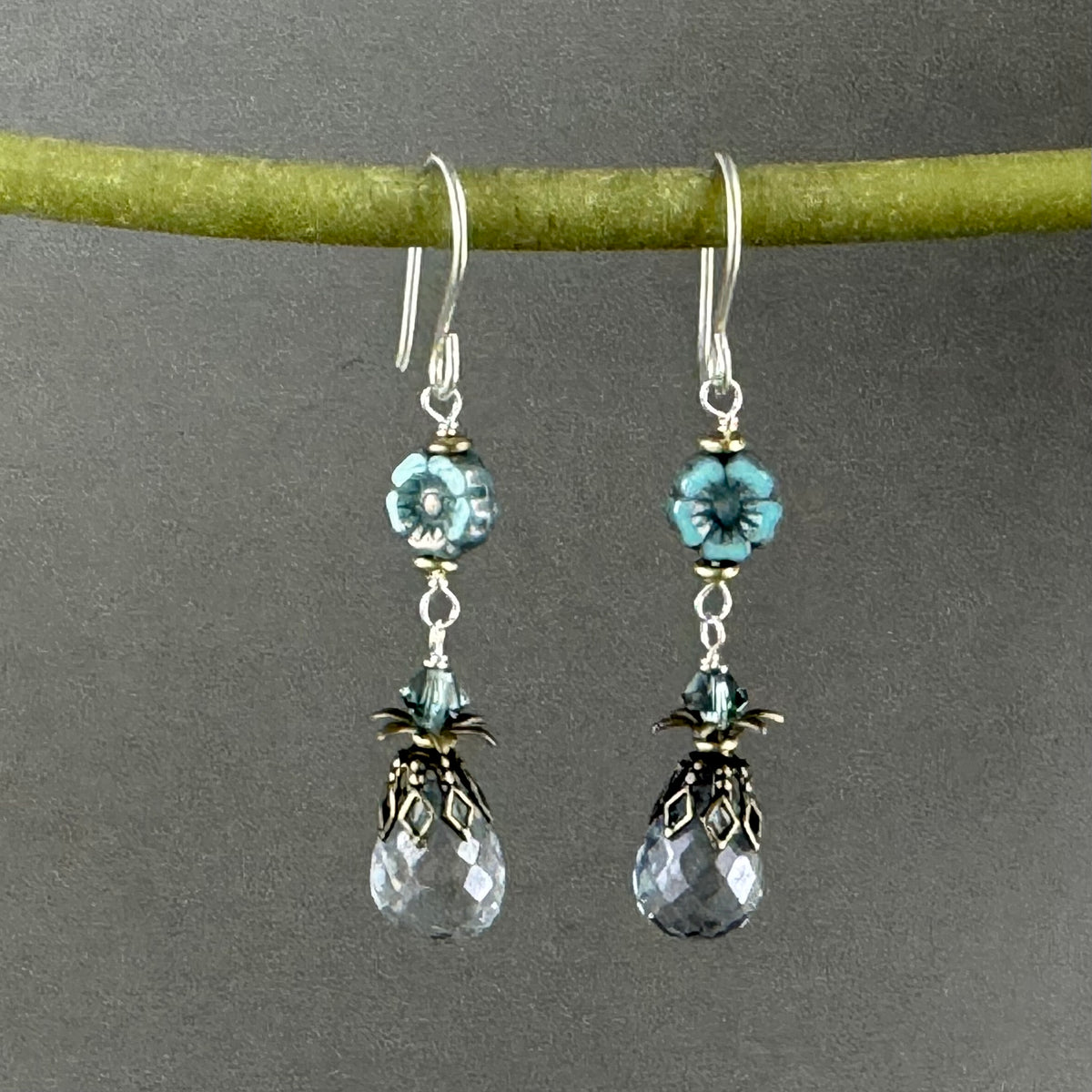 Blue Quartz Briollet with Blue Czech Glass Flower Earrings in Sterling Silver