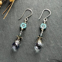 Blue Quartz Briollet with Blue Czech Glass Flower Earrings in Sterling Silver