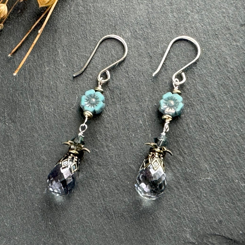 Blue Quartz Briollet with Blue Czech Glass Flower Earrings in Sterling Silver