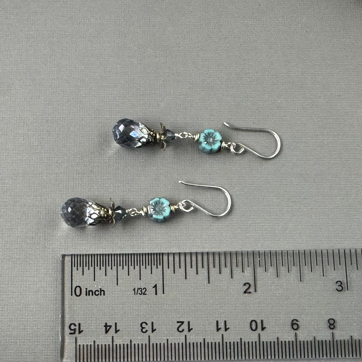 Blue Quartz Briollet with Blue Czech Glass Flower Earrings in Sterling Silver