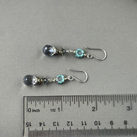 Blue Quartz Briollet with Blue Czech Glass Flower Earrings in Sterling Silver