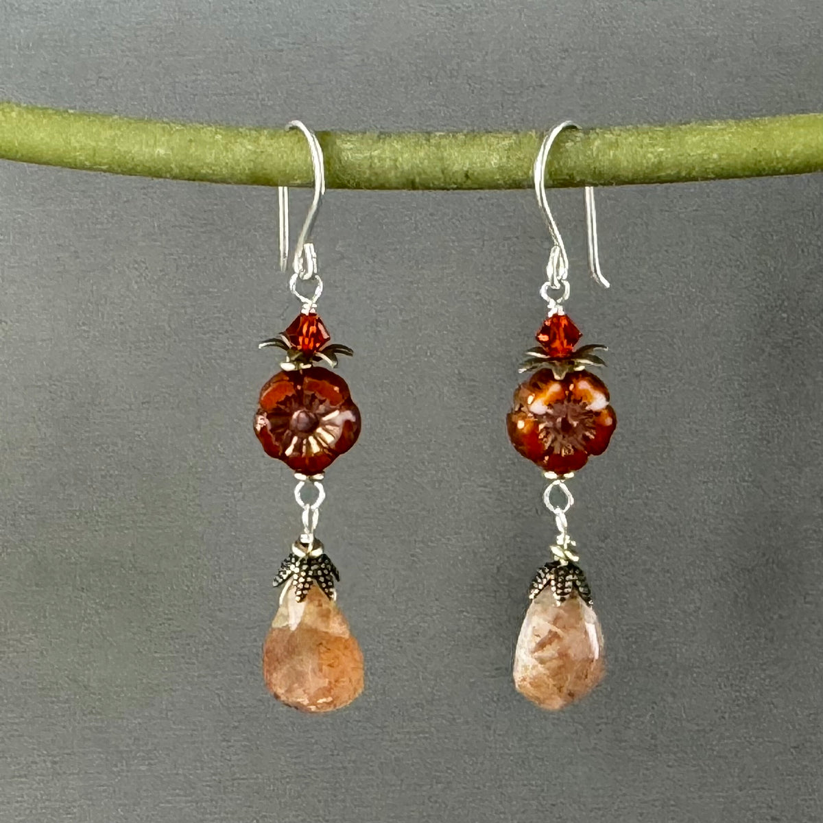 Sunstone with Rust Czech Glass Flower Earrings in Sterling Silver