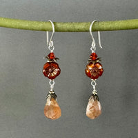 Sunstone with Rust Czech Glass Flower Earrings in Sterling Silver