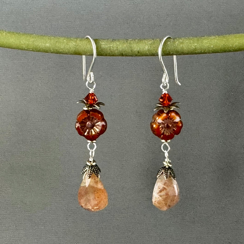 Sunstone with Rust Czech Glass Flower Earrings in Sterling Silver